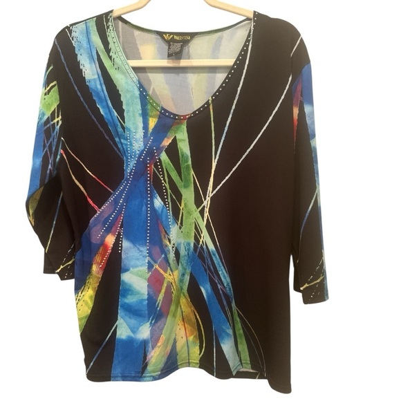 Valentina Tops - Valentina Top Artsy Rhinestone Colorful Festival Stretch Sz L Mature 3/4 Sleeve